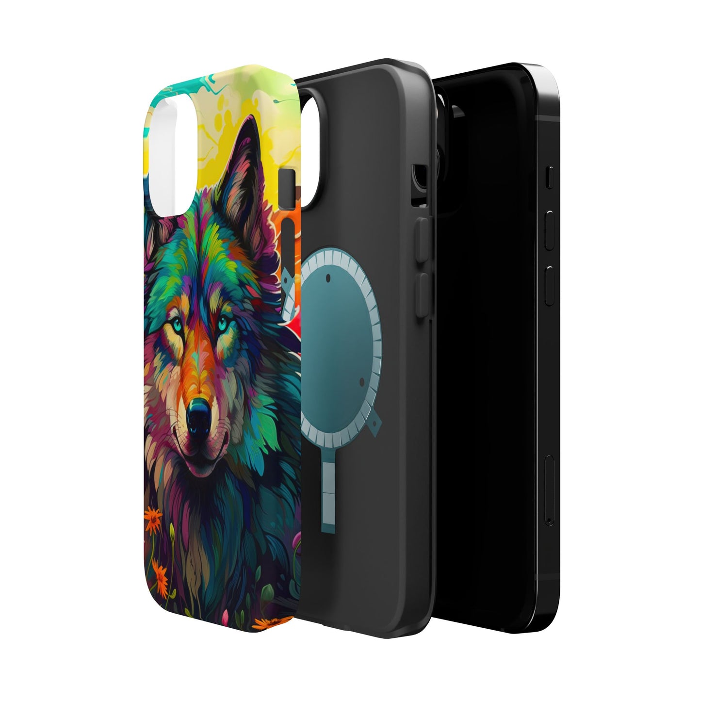 Rainbow Wolf in Bloom – MagSafe iPhone Case with Nature-Inspired Design