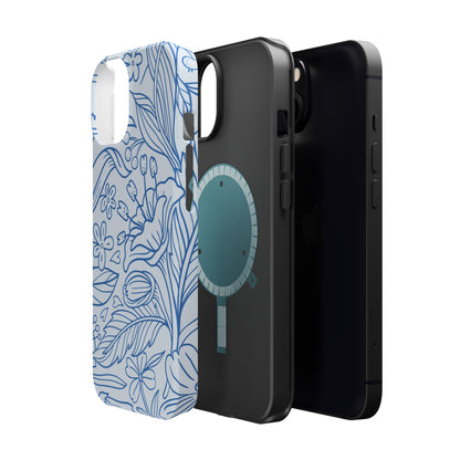 Dusty Blue Floral Line Art Tough MagSafe iPhone Case – Minimalist Botanical Design with Dual-Layer Protection