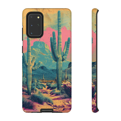 Desert Oasis Retro Cactus Phone Case - Vibrant Sunset Landscape for iPhone 15/14/13/12, Samsung S24/S23/S22/S21, & Google Pixel