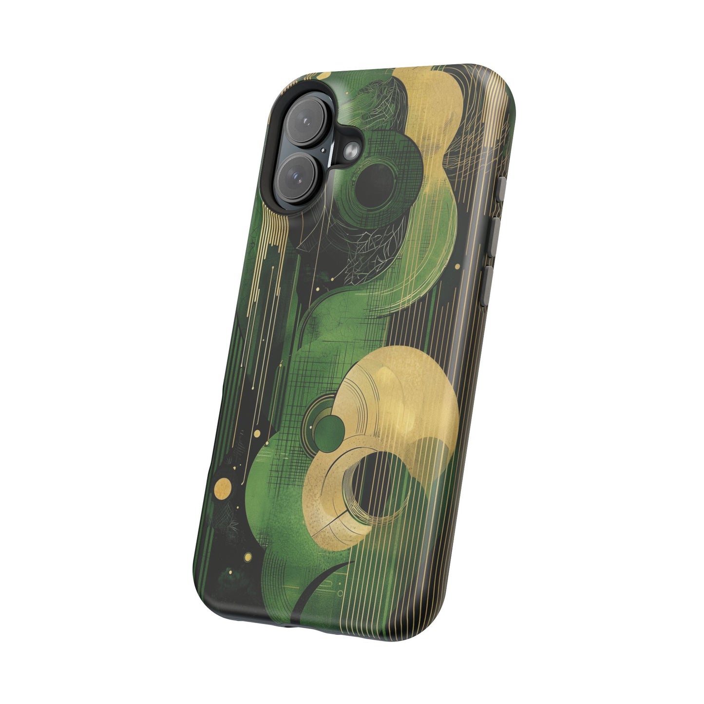 Abstract Green & Gold MagSafe iPhone Case - Geometric Art Deco Protective Cover