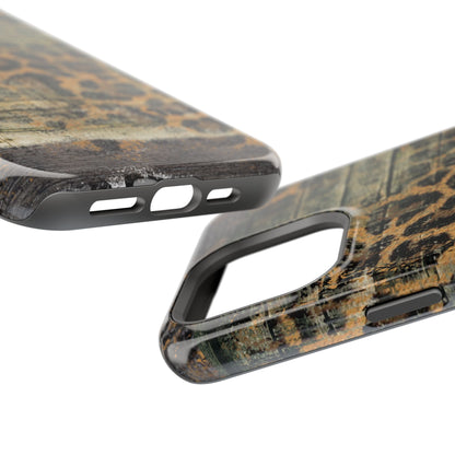 Rustic Wood and Leopard Print Tough MagSafe iPhone Case – Distressed Western Design with Dual-Layer Protection