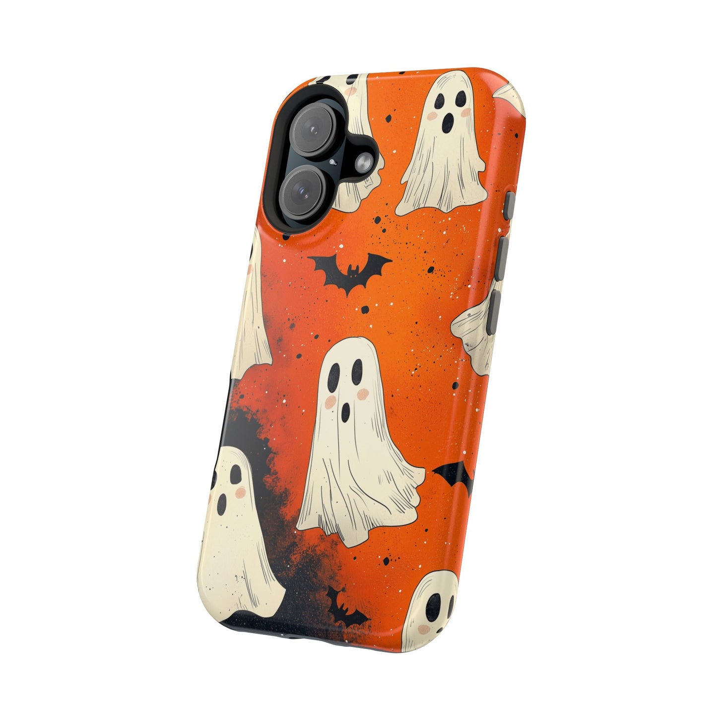 Spooky Ghosts & Bats  MagSafe iPhone Case – Vibrant Orange Halloween Design