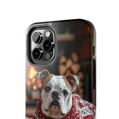 Cozy Bulldog in Sweater iPhone Case – Festive Fireplace Protective Cover