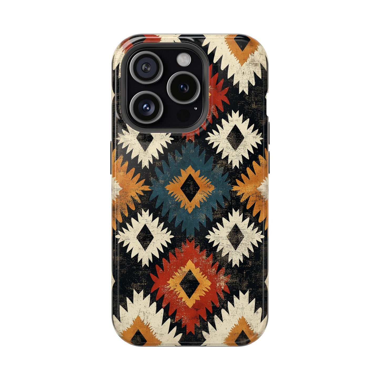 Rustic Tribal Sunburst Tough MagSafe iPhone Case – Vibrant Geometric Design, Dual-Layer Protection