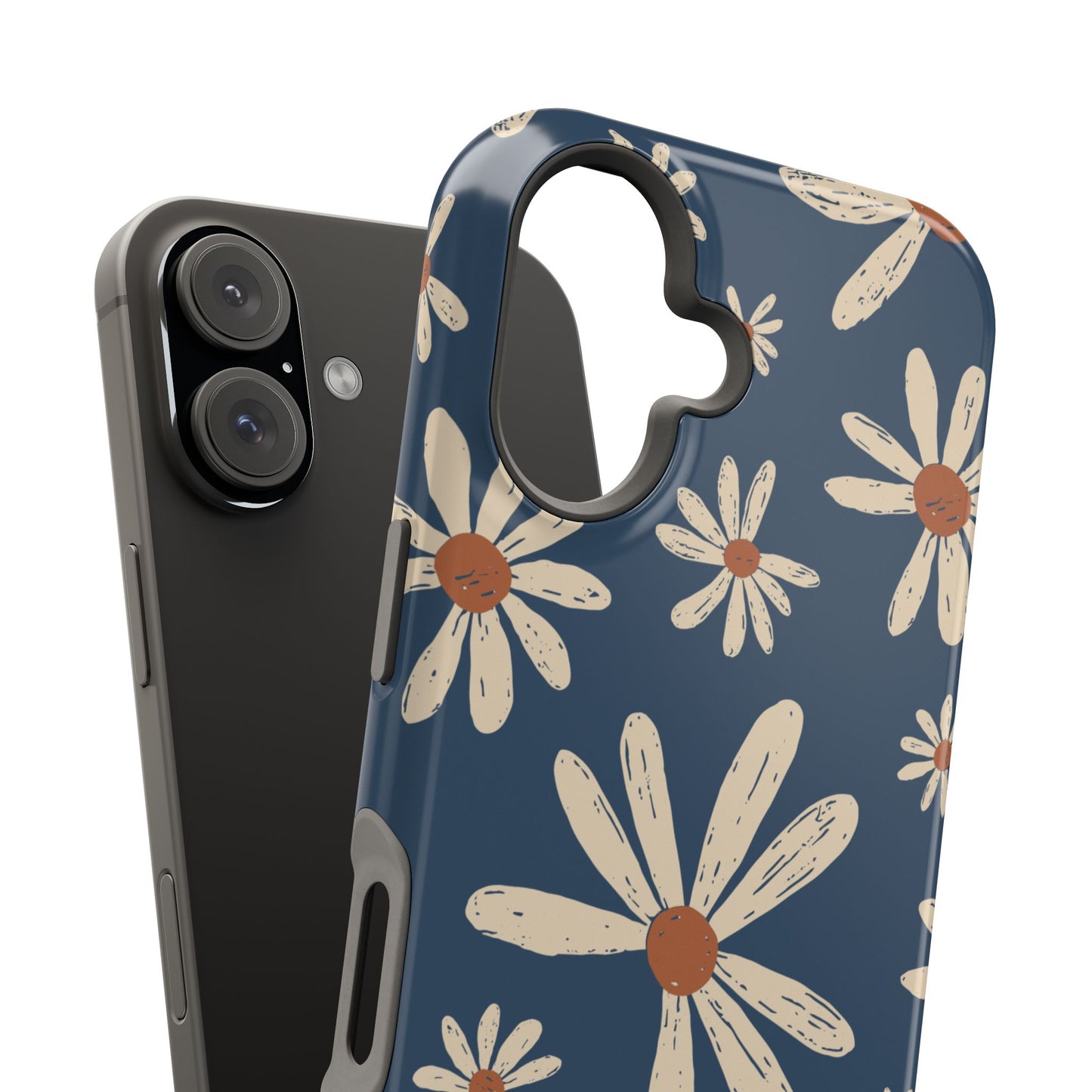 Vintage Daisies MagSafe iPhone Case – Navy Blue Floral Design, Scratch-Resistant with Shock-Absorbing Bumper