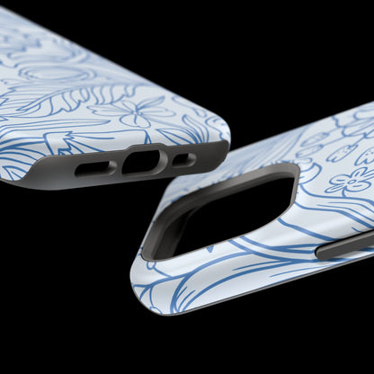 Dusty Blue Floral Line Art Tough MagSafe iPhone Case – Minimalist Botanical Design with Dual-Layer Protection