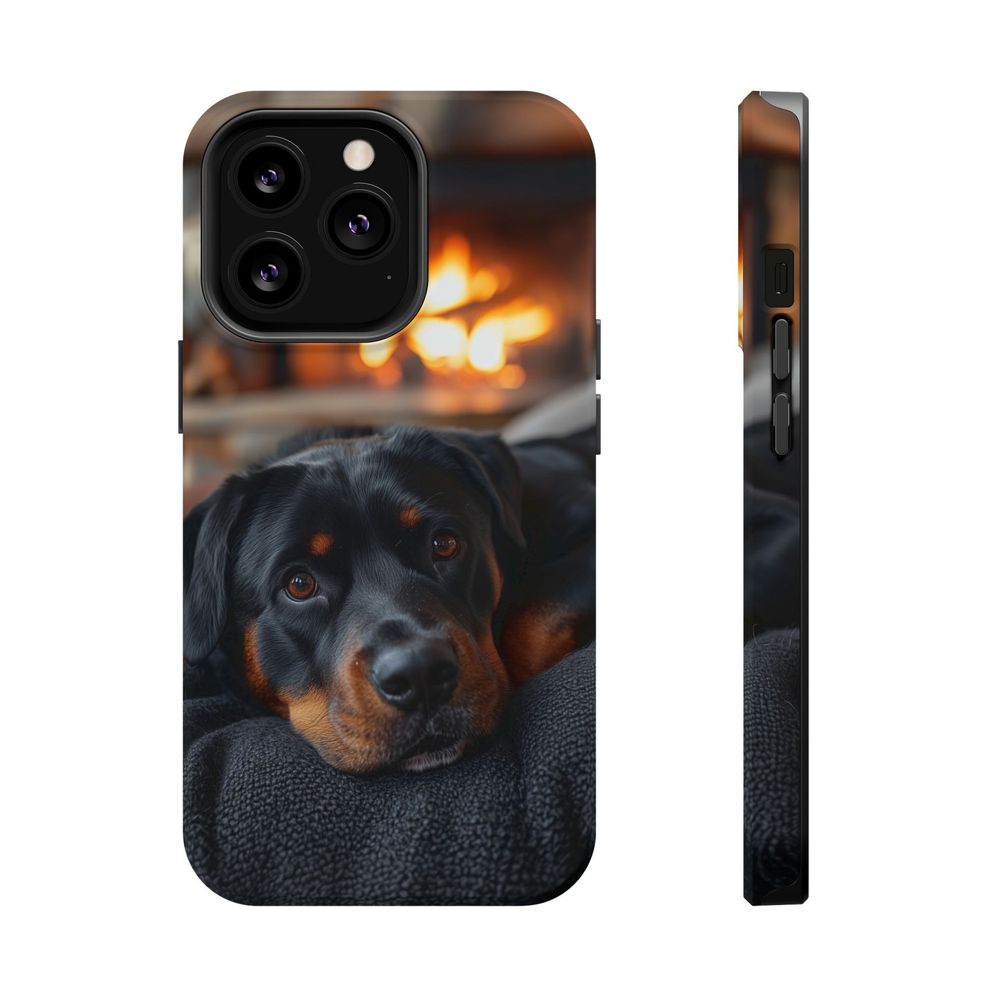 Charming Rottweiler by the Fireplace MagSafe iPhone Case – Cozy & Functional Design