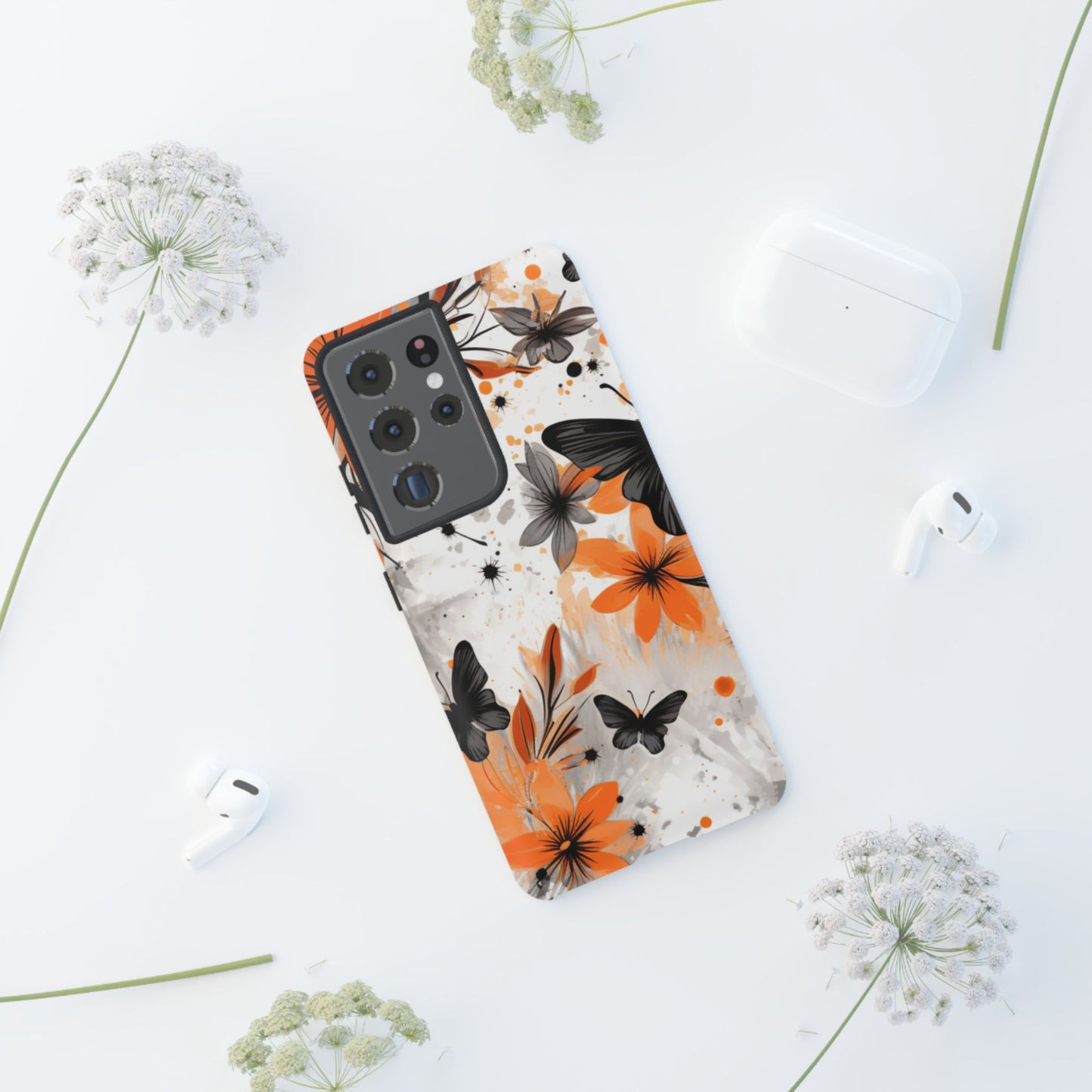 Orange Blossom & Black Butterfly Samsung Galaxy Case – Bold Floral Pattern with Modern Abstract Style