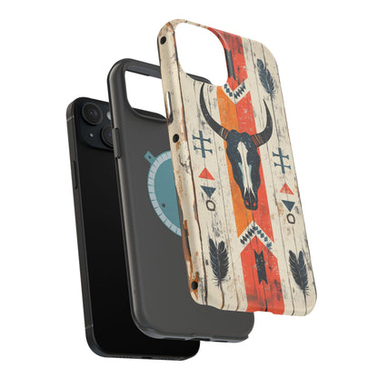 Rustic Western Bull Skull Tough MagSafe iPhone Case – Distressed Wood Design, Dual-Layer Protection