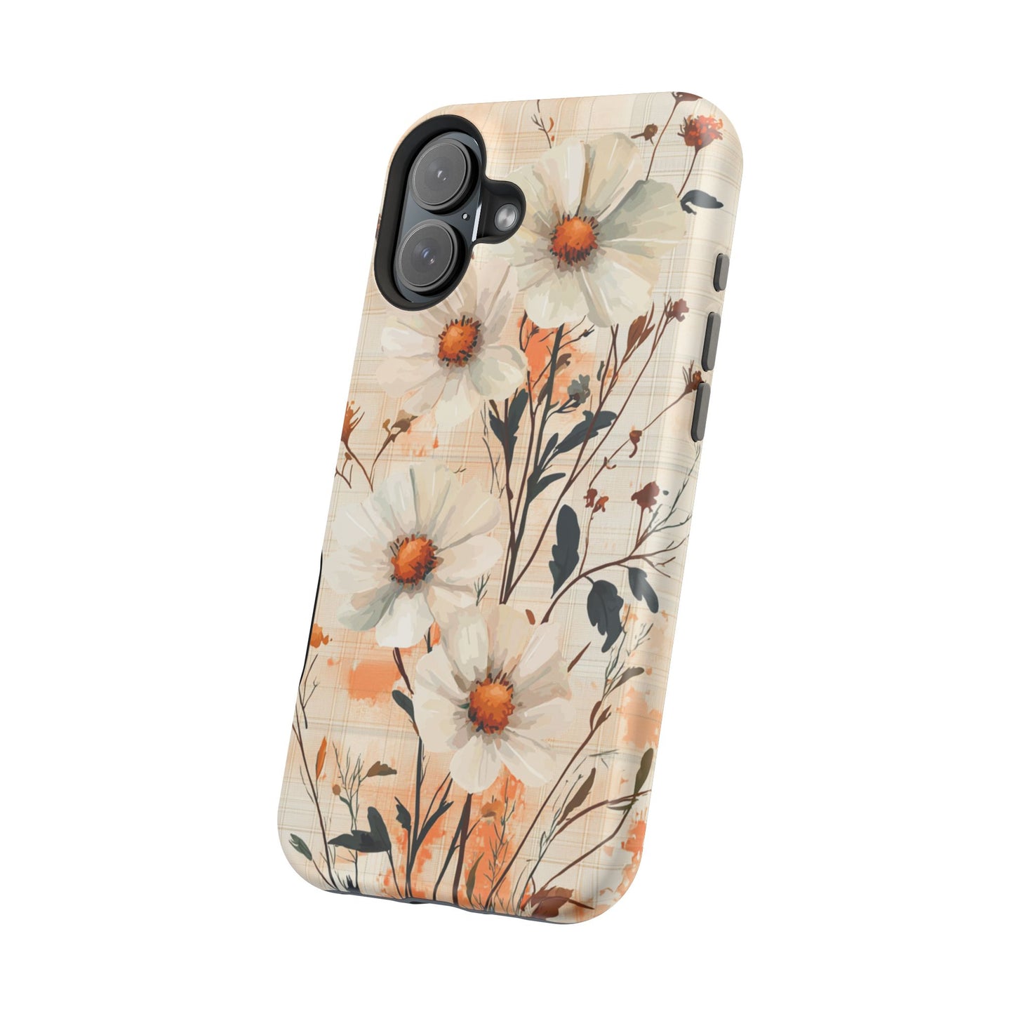 Pastel Orange Floral MagSafe iPhone Case - Elegant Plaid Protective Cover