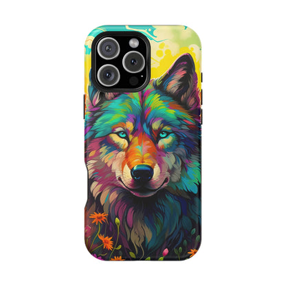 Rainbow Wolf in Bloom – MagSafe iPhone Case with Nature-Inspired Design