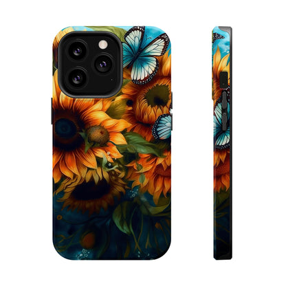 Aqua Blue Butterfly & Sunflower Art – MagSafe iPhone Case