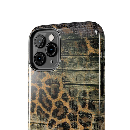 Rustic Wood and Leopard Print Tough iPhone Case – Distressed Western Design with Dual-Layer Protection