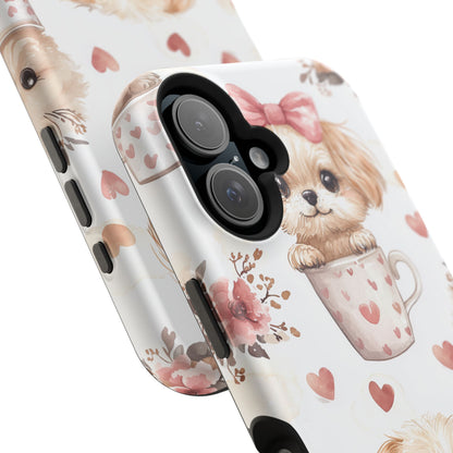 Cute Puppies in Heart MagSafe iPhone Case – Adorable Dog & Floral Design, Shockproof & Slim