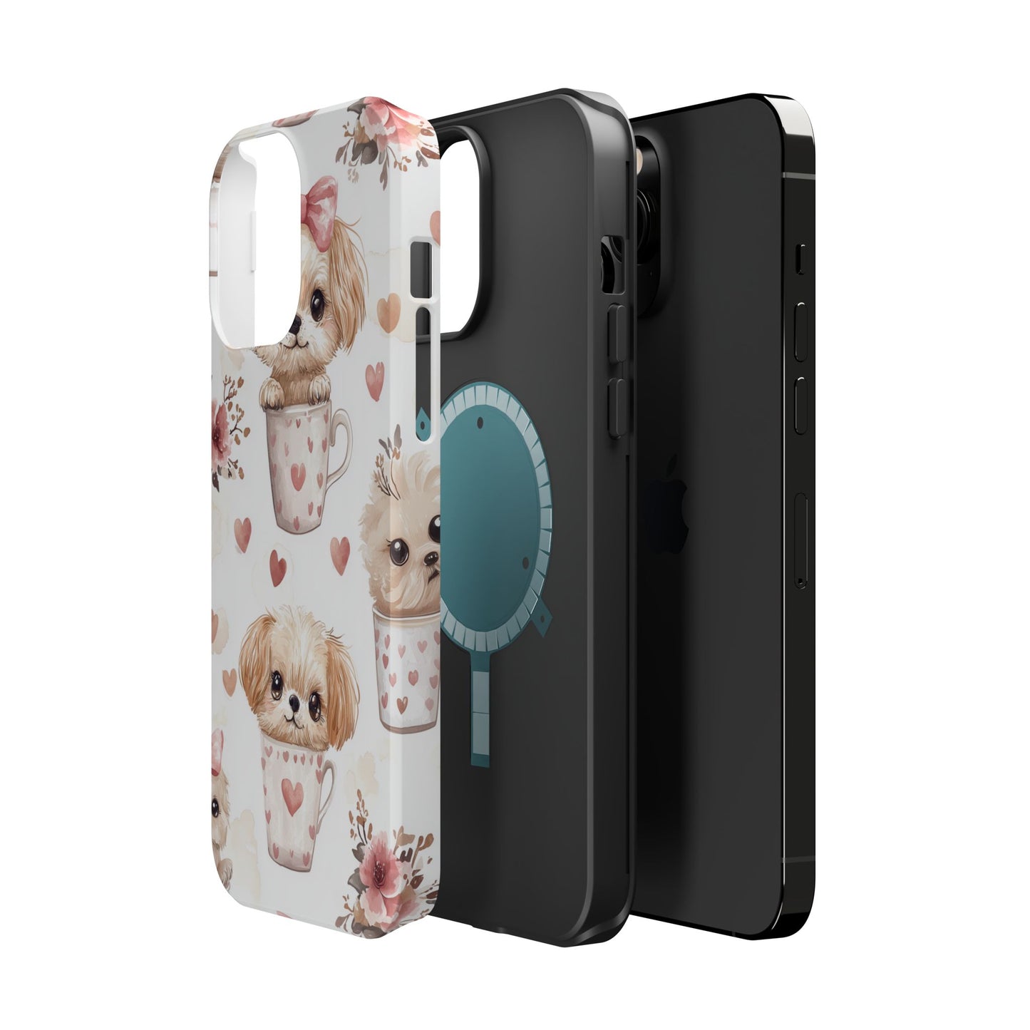 Cute Puppies in Heart MagSafe iPhone Case – Adorable Dog & Floral Design, Shockproof & Slim