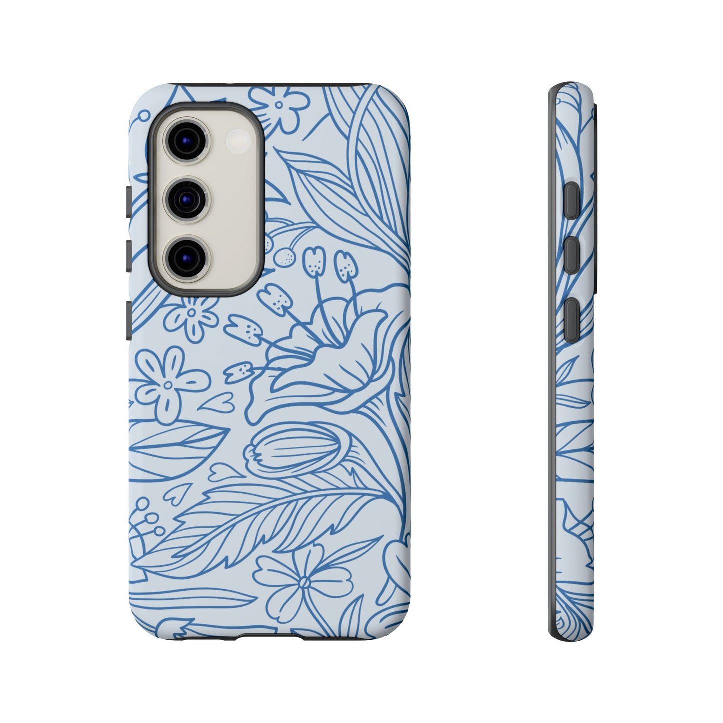 Dusty Blue Floral Line Art Tough Samsung Galaxy Case – Minimalist Botanical Design with Dual-Layer Protection