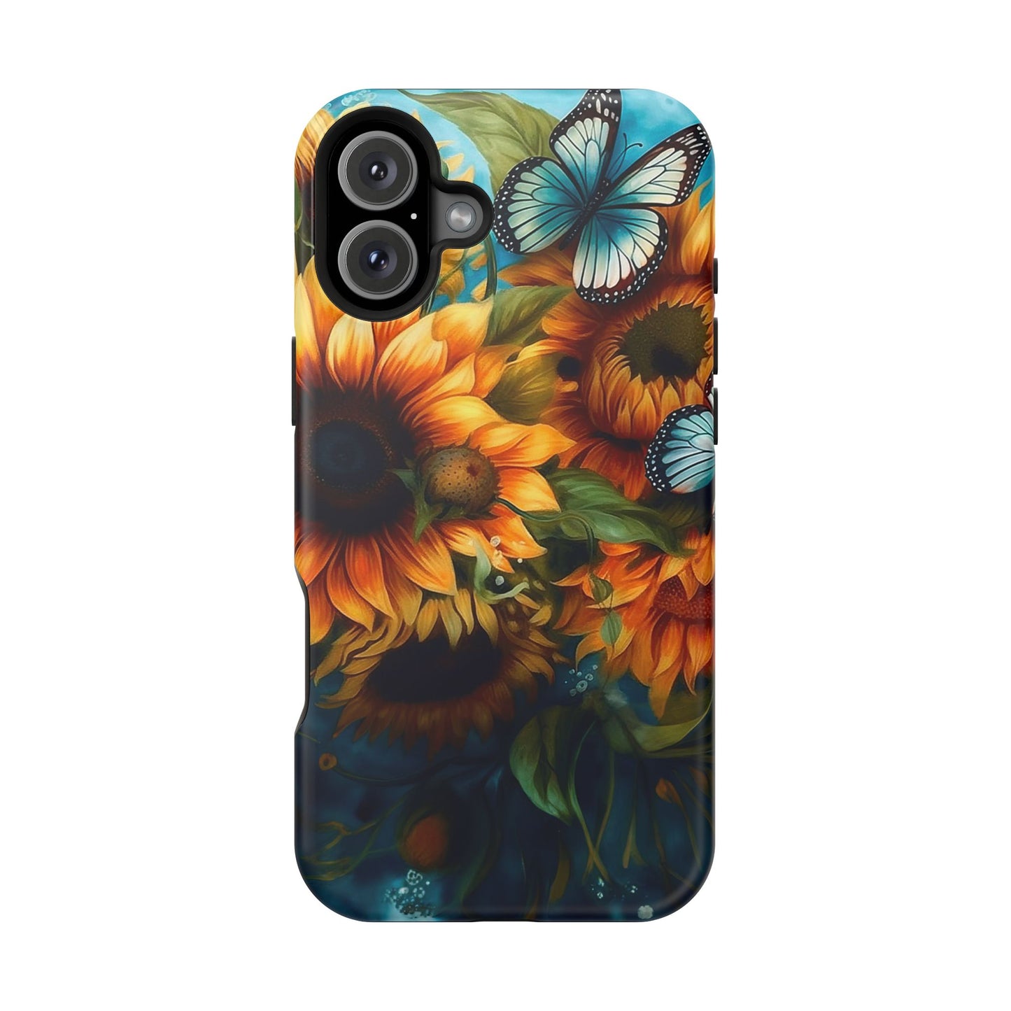 Aqua Blue Butterfly & Sunflower Art – MagSafe iPhone Case