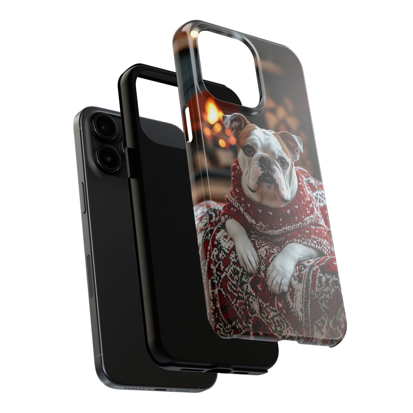 Cozy Bulldog in Sweater iPhone Case – Festive Fireplace Protective Cover