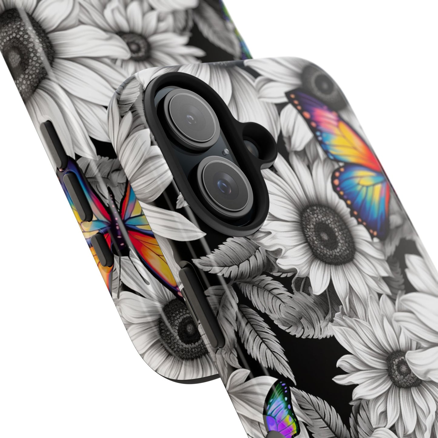 Rainbow Butterflies & Monochrome Sunflowers – iPhone Case