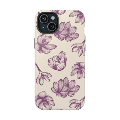 Vintage Botanical Floral Tough MagSafe iPhone Case – Hand-Drawn Purple Flowers, Shockproof Design