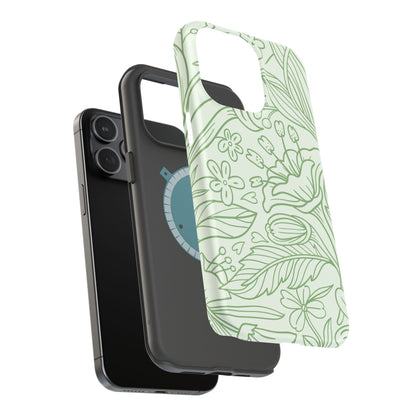 Sage Green Floral Line Art Tough MagSafe iPhone Case – Minimalist Botanical Design with Dual-Layer Protection