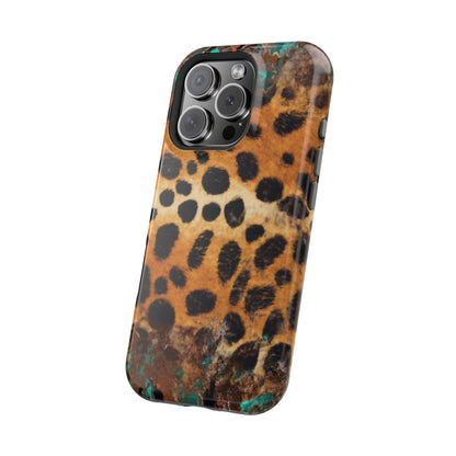 Rustic Leopard Print Tough MagSafe iPhone Case – Distressed Turquoise and Animal Pattern with Dual-Layer Protection