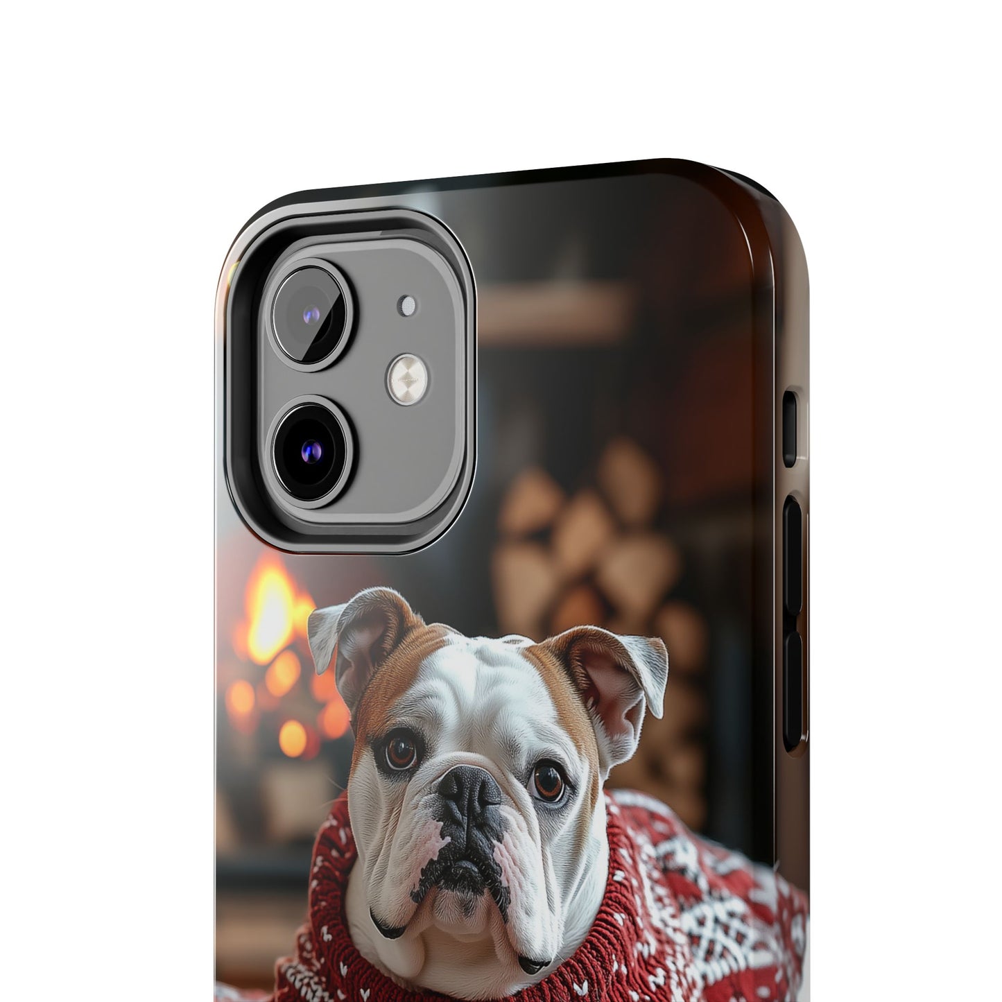 Cozy Bulldog in Sweater iPhone Case – Festive Fireplace Protective Cover