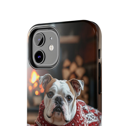 Cozy Bulldog in Sweater iPhone Case – Festive Fireplace Protective Cover