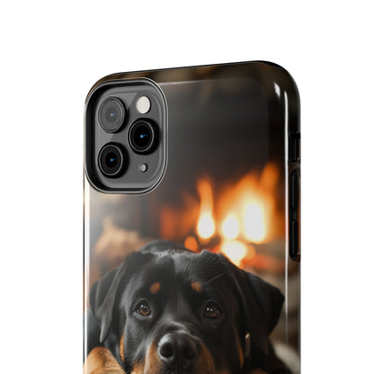 Cozy Rottweiler by the Fireplace iPhone Case – Warm Rustic Design