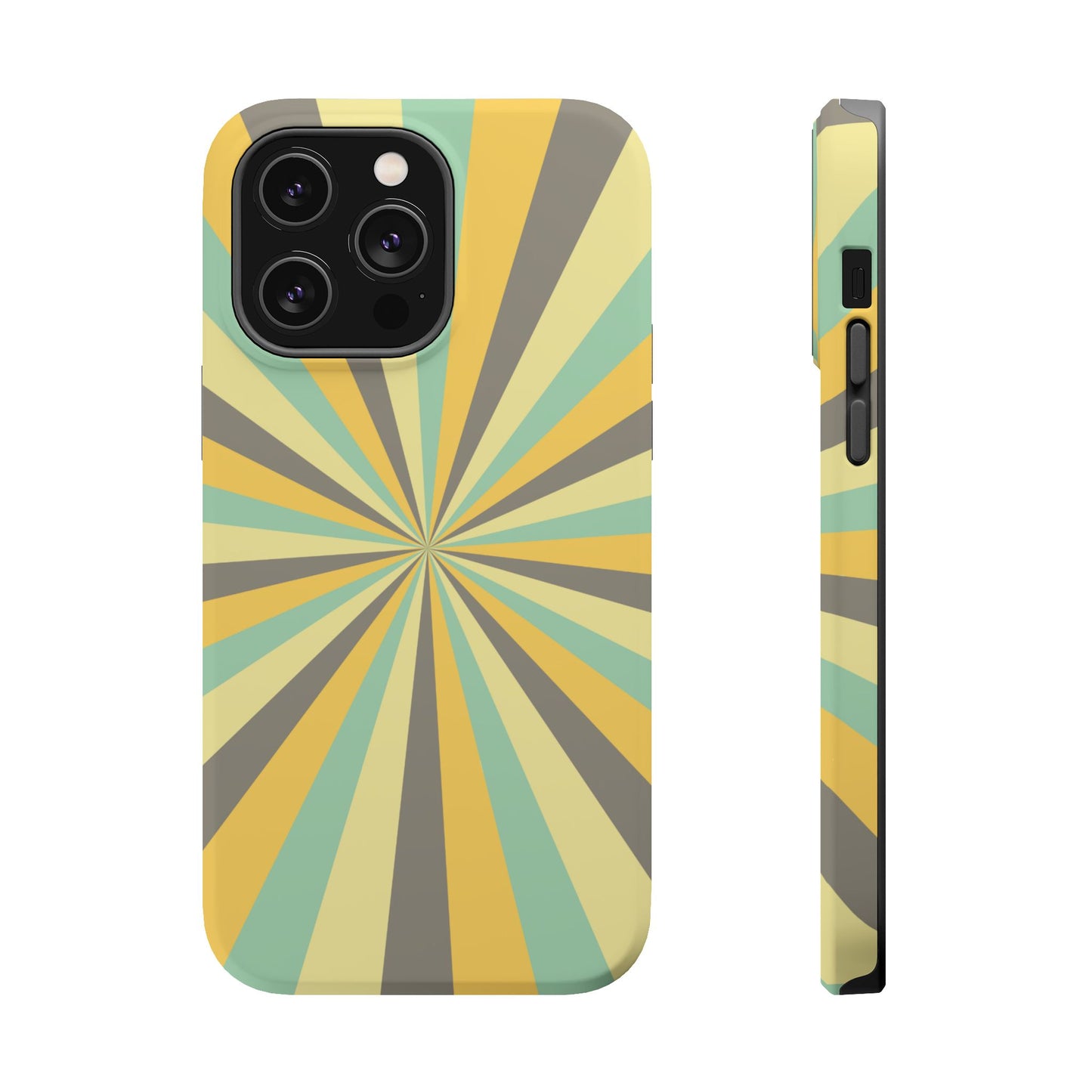 Vintage Sunburst Rays MagSafe iPhone Case – Bold 70s-Inspired Burst in Yellow, Mint, and Gray