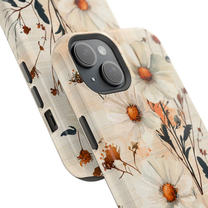 Pastel Orange Floral MagSafe iPhone Case - Elegant Plaid Protective Cover