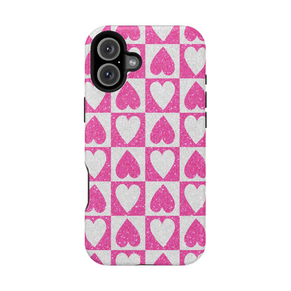 Pink Glitter Heart Checkered Pattern MagSafe Case