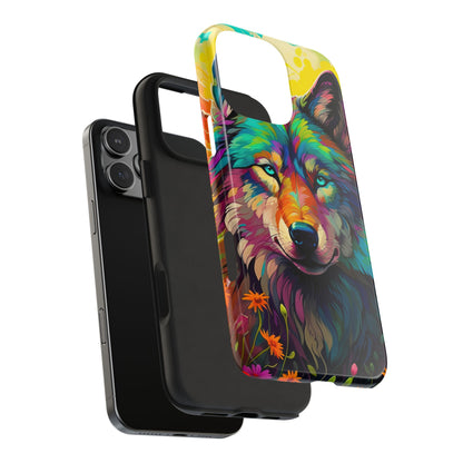 Rainbow Wolf in Bloom – iPhone Case with Vivid Nature Design