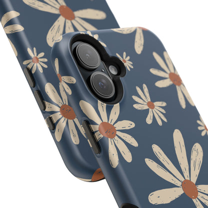 Vintage Daisies MagSafe iPhone Case – Navy Blue Floral Design, Scratch-Resistant with Shock-Absorbing Bumper