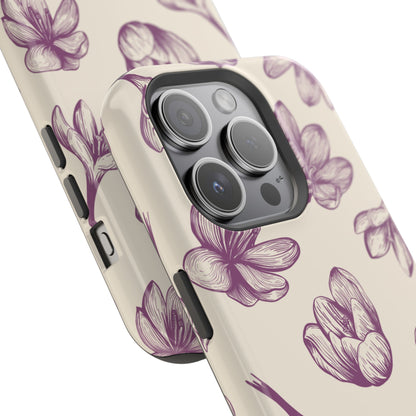 Vintage Botanical Floral Tough MagSafe iPhone Case – Hand-Drawn Purple Flowers, Shockproof Design