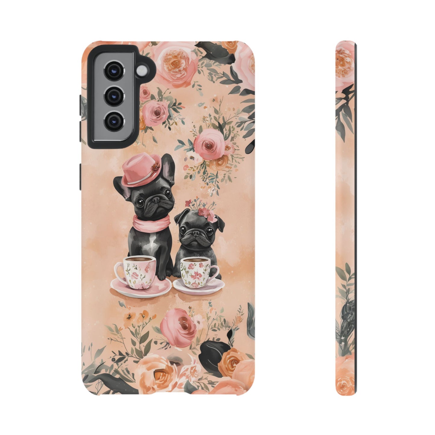 Floral French Bulldogs Samsung Galaxy Case – Elegant Dog Design with Tea Cups & Roses, Shockproof Protection - BOGO Cases