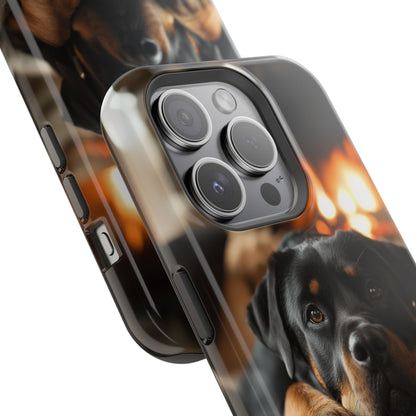 Cozy Rottweiler by the Fireplace MagSafe iPhone Case – Warm Rustic Design