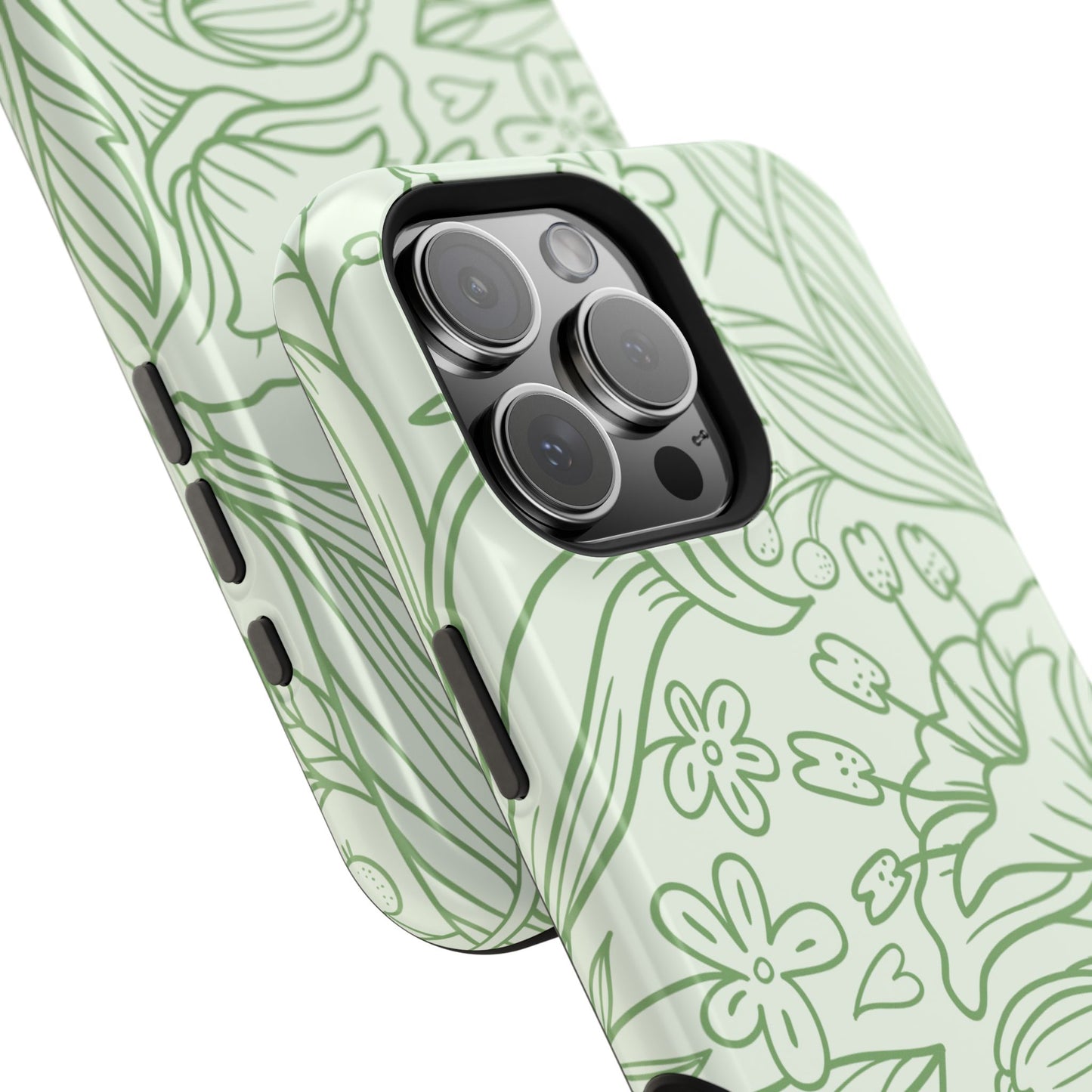 Sage Green Floral Line Art Tough MagSafe iPhone Case – Minimalist Botanical Design with Dual-Layer Protection