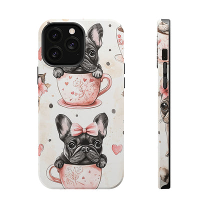 French Bulldogs in Teacups MagSafe iPhone Case – Cute Dog Design with Hearts & Bows, Shockproof & Slim