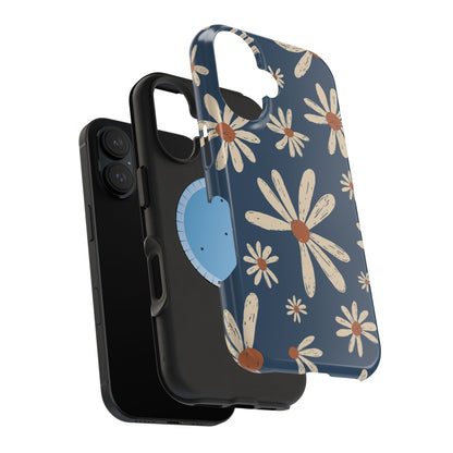 Vintage Daisies MagSafe iPhone Case – Navy Blue Floral Design, Scratch-Resistant with Shock-Absorbing Bumper