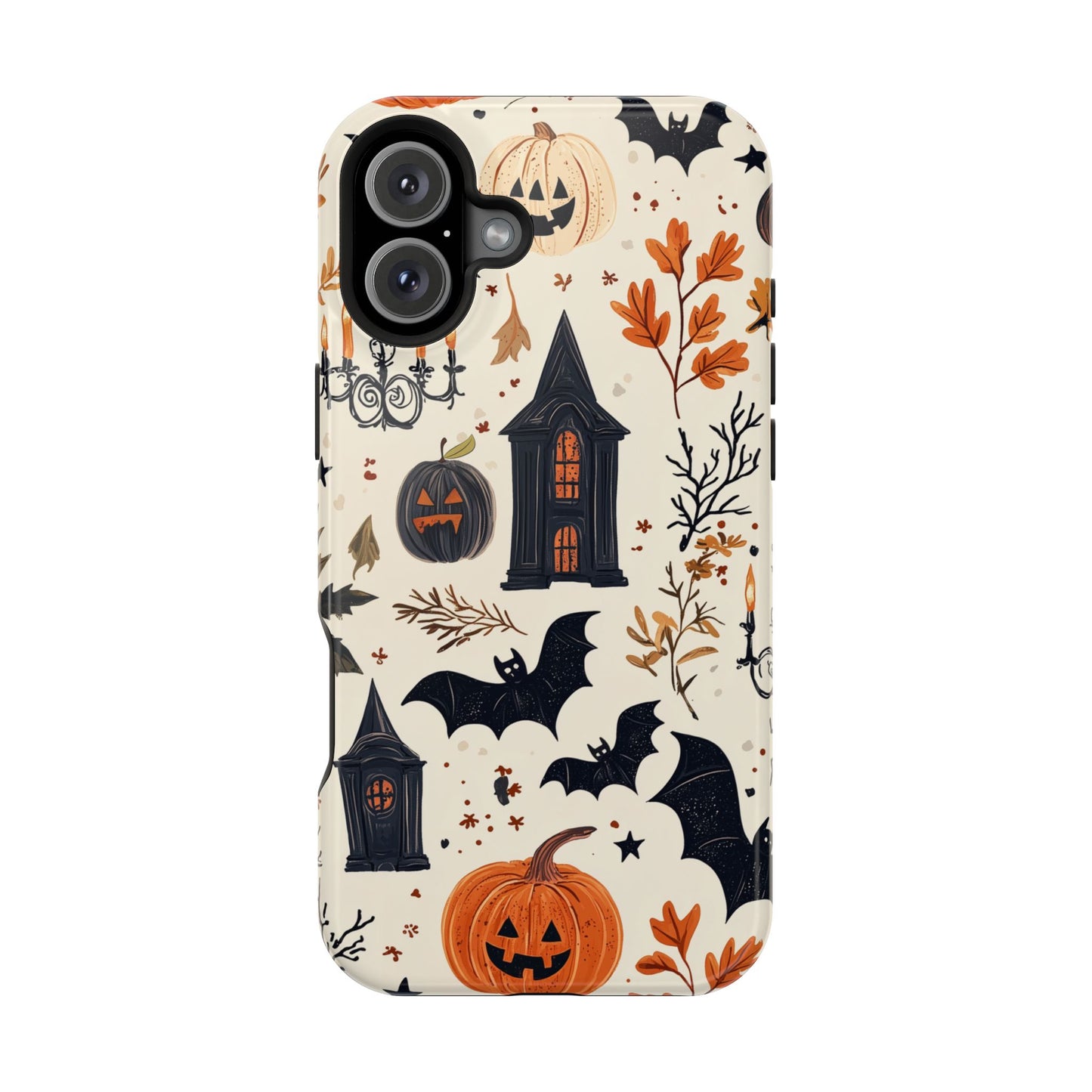 Haunted Halloween MagSafe iPhone Case – Haunted House, Bats, and Pumpkins Design