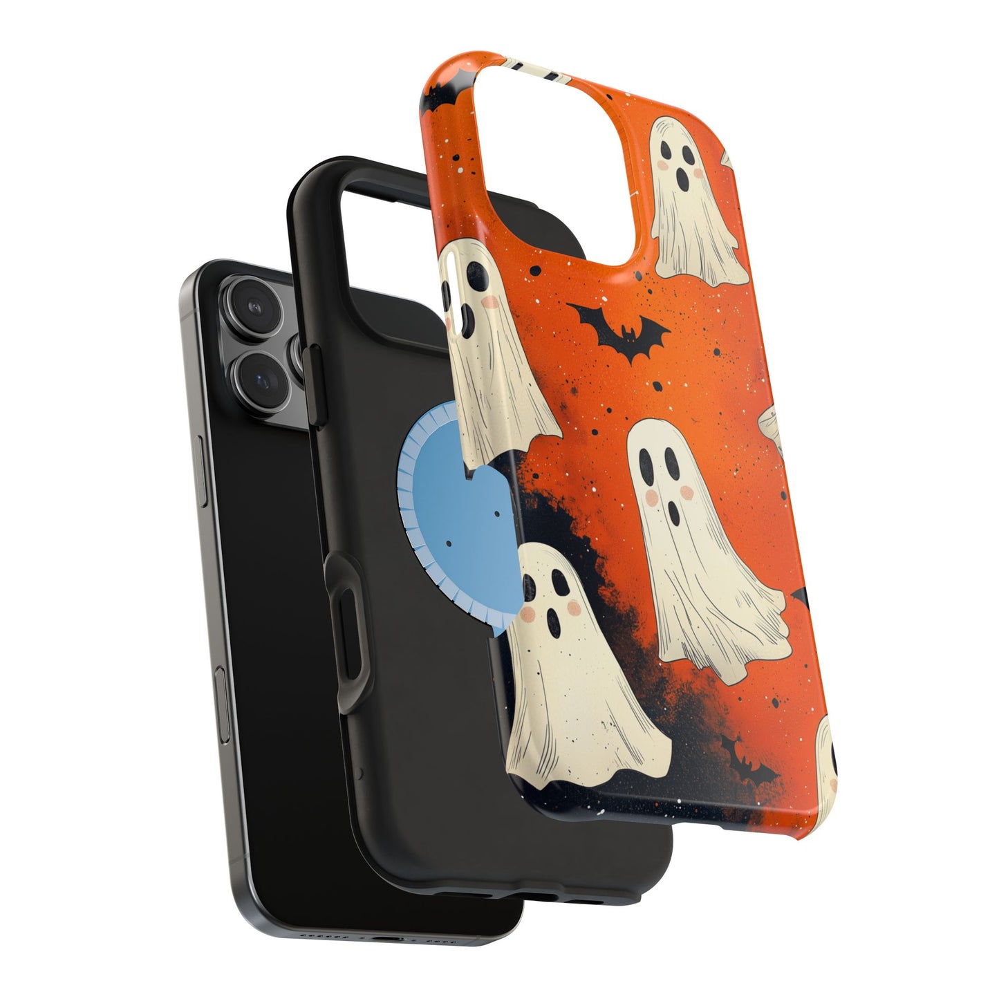 Spooky Ghosts & Bats  MagSafe iPhone Case – Vibrant Orange Halloween Design