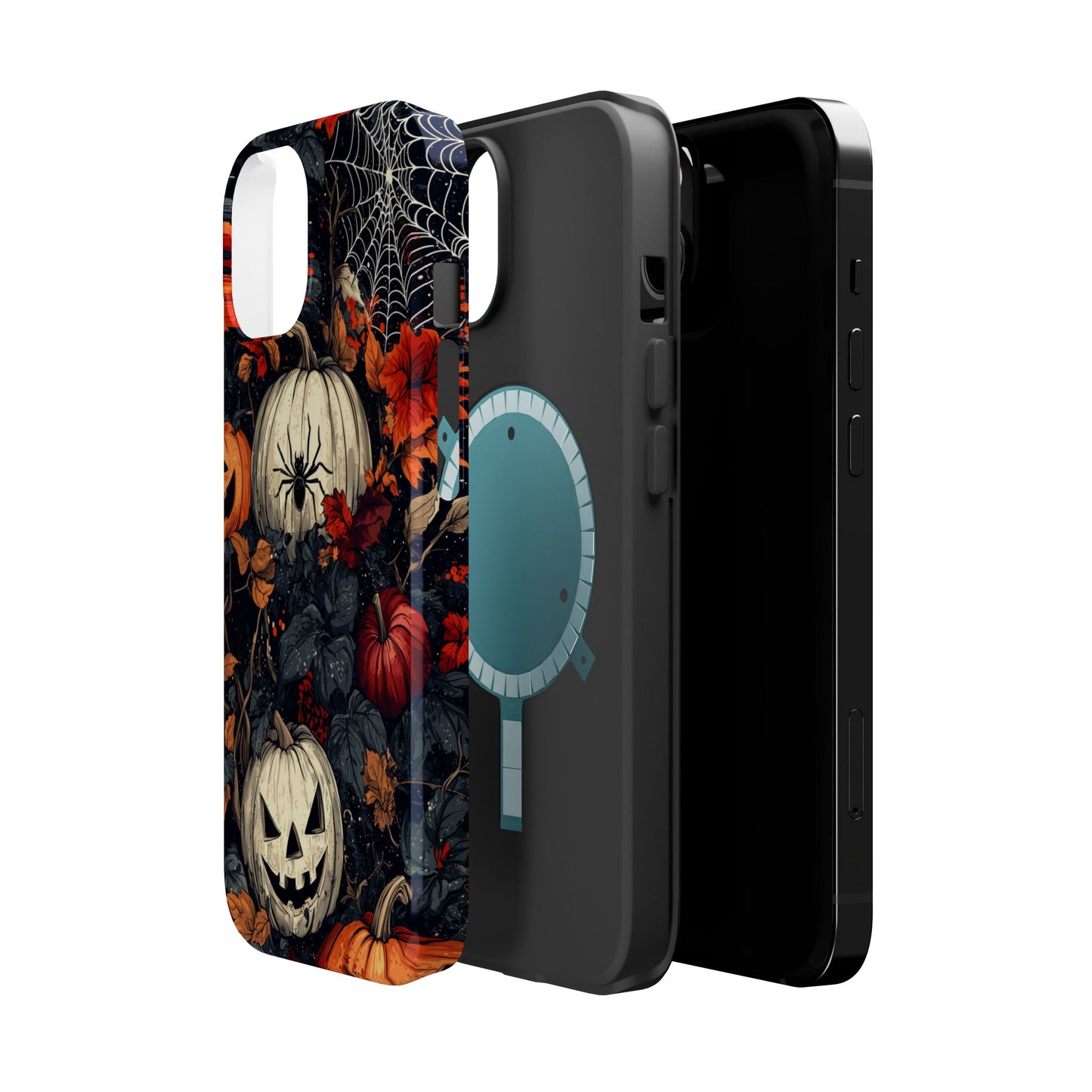 Hauntingly Elegant Halloween MagSafe iPhone Case – Pumpkins, Spiders, and Autumn Leaves Design