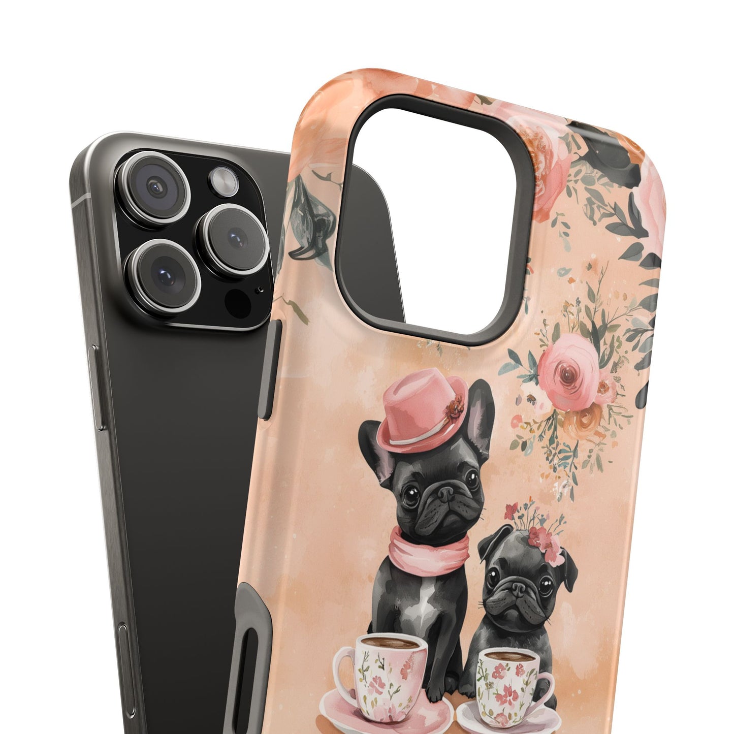 Floral French Bulldogs MagSafe iPhone Case – Elegant Dog Design with Tea Cups & Roses, Shockproof Protection