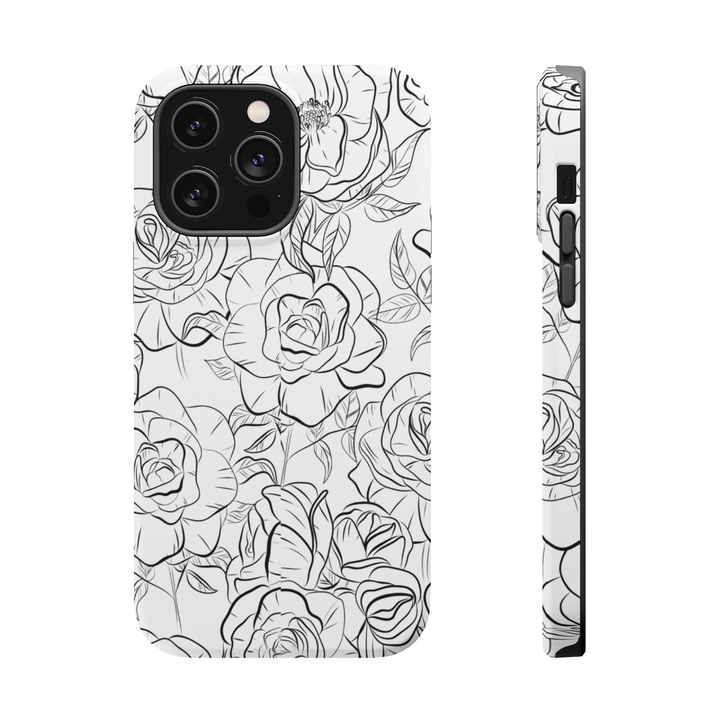 Monochrome Rose Garden Tough MagSafe iPhone Case – Elegant Floral Line Art with Dual-Layer Protection