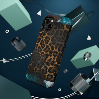 Boho Leopard and Turquoise Tough MagSafe iPhone Case – Rustic Western Design with Dual-Layer Protection