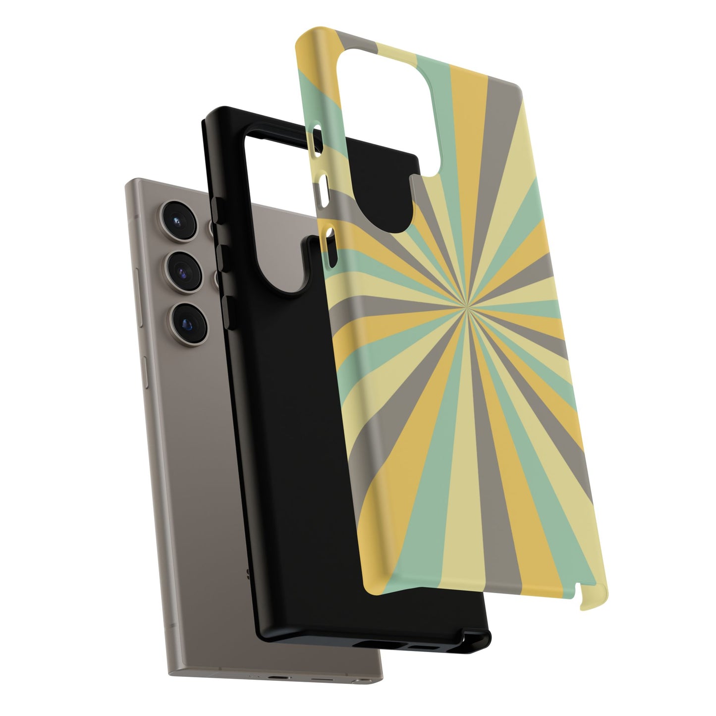 Vintage Sunburst Rays Samsung Galaxy Case – Bold 70s-Inspired Burst in Yellow, Mint, and Gray