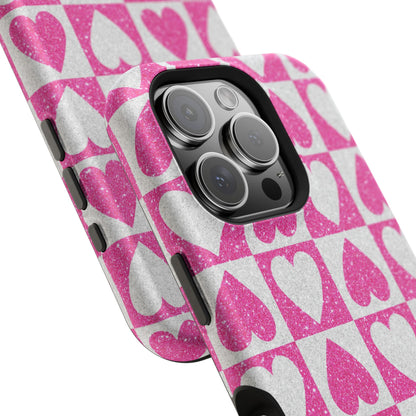 Pink Glitter Heart Checkered Pattern MagSafe Case