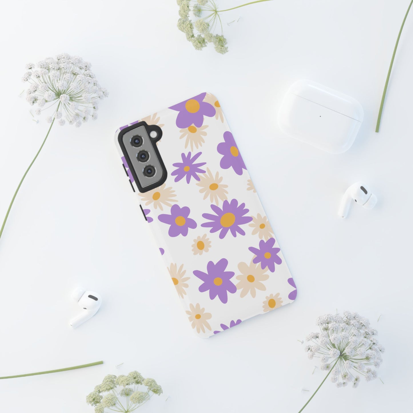 Retro Daisy Flower Samsung Galaxy Case – Pastel Purple & Cream Floral Design with Matte Finish