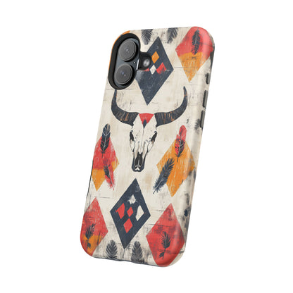 Western Bull Skull & Feathers Tough Mag Safe iPhone Case – Bold Tribal Design, Dual-Layer Protection